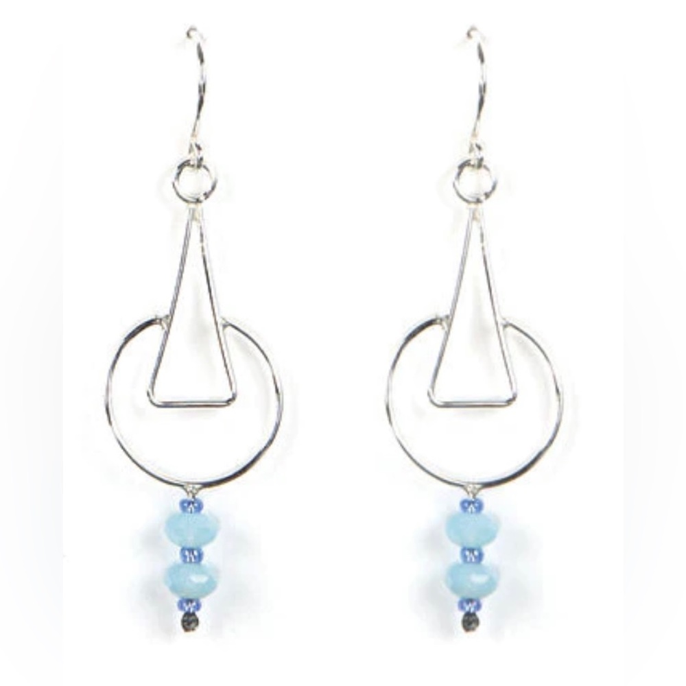 JODY USA FREE FORM SILVER CIRCLE TRIANGLE WITH BLUE BEAD EARRING